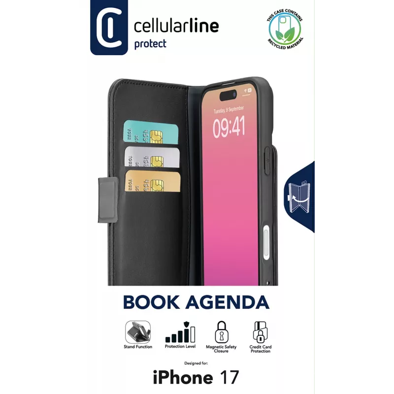 Cellularline Book Agenda – custodia a libro in effetto pelle con chiusura magnetica per iPhone 17