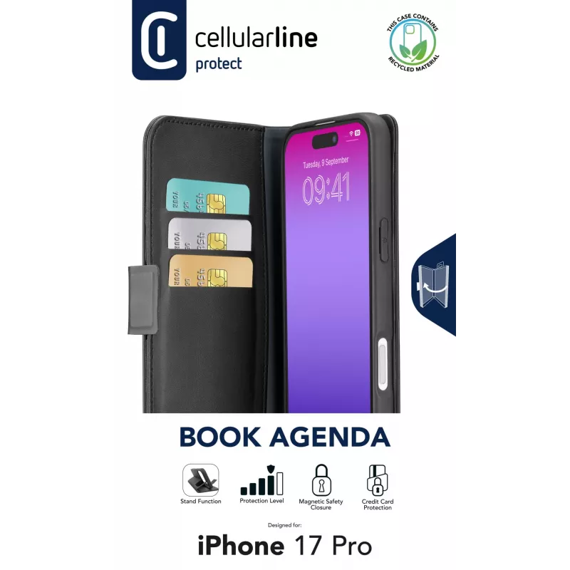 Cellularline Book Agenda – iPhone 17 Pro custodia a libro in effetto pelle con chiusura magnetica