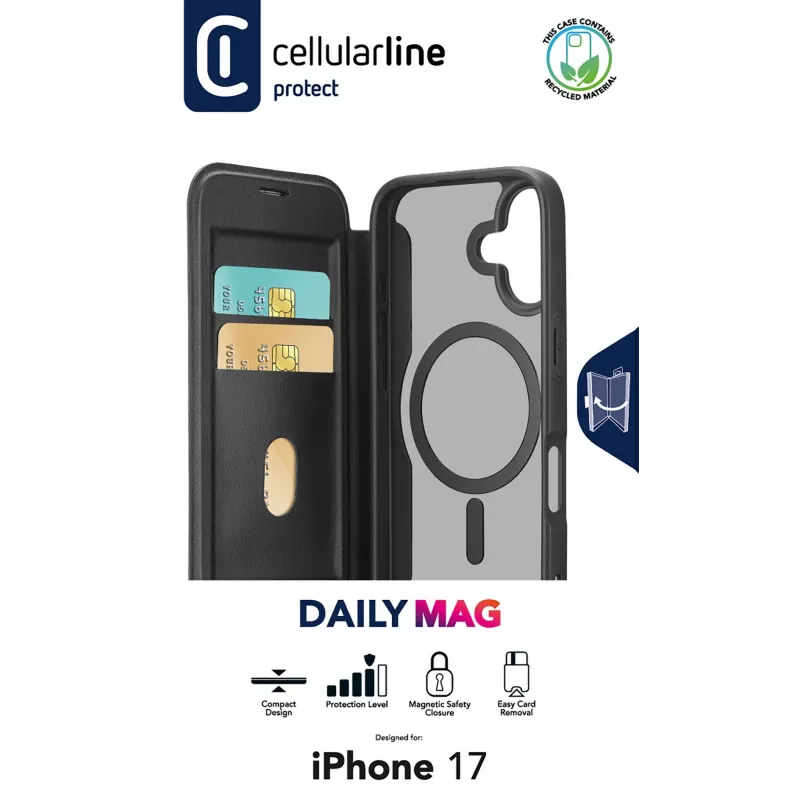 Cellularline Daily Mag - iPhone 17 cover a libro con retro rigido semitrasparente, compatibile con l'ecosistema MagSafe®