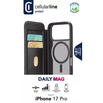 Cellularline Daily Mag - iPhone 17 Pro cover a libro con retro rigido semitrasparente, compatibile con ecosistema MagSafe®