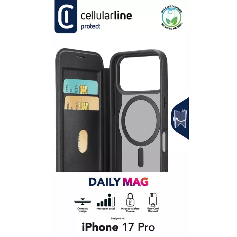 Cellularline Daily Mag - iPhone 17 Pro cover a libro con retro rigido semitrasparente, compatibile con ecosistema MagSafe®