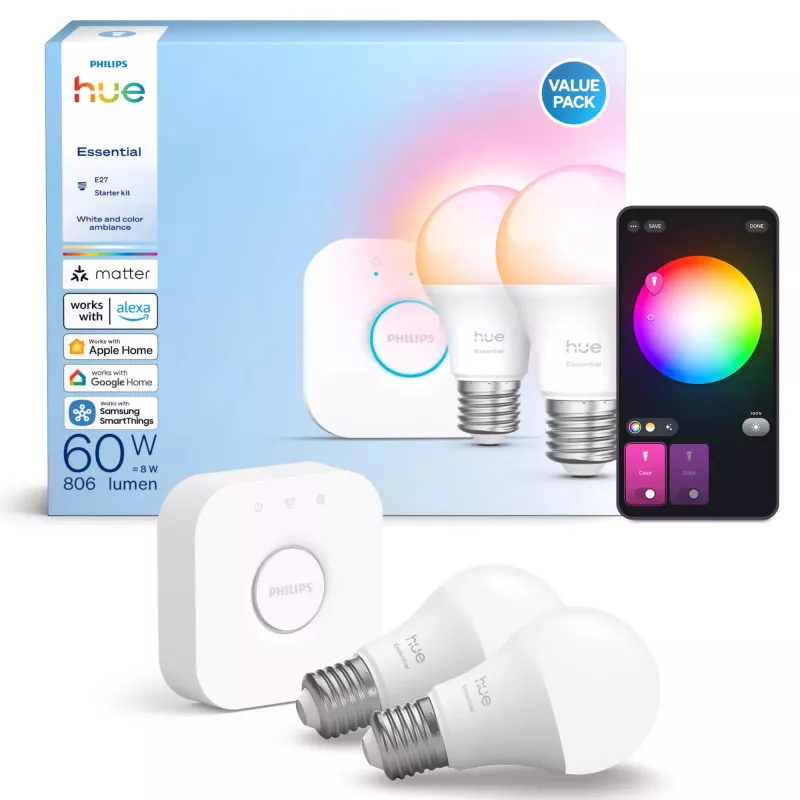 Philips Hue White and colour ambience Essential Starter-Kit: 2 lampade smart E27 (806 lm)