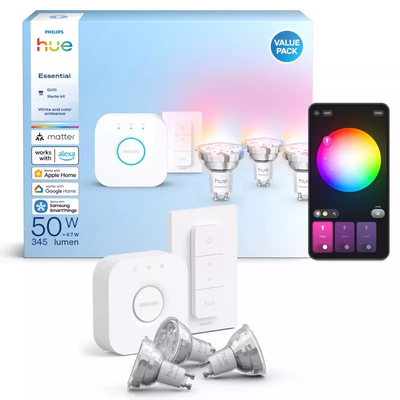 Philips Hue White and Colour Ambience Essential Starterkit: 3 lampadine smart GU10 (345 lm) + interruttore dimmer