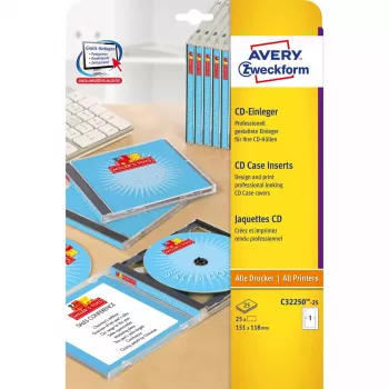 Avery Zweckform C32250-25 inserto per custodia CD, 118 x 151 mm, bianco, 25 fogli