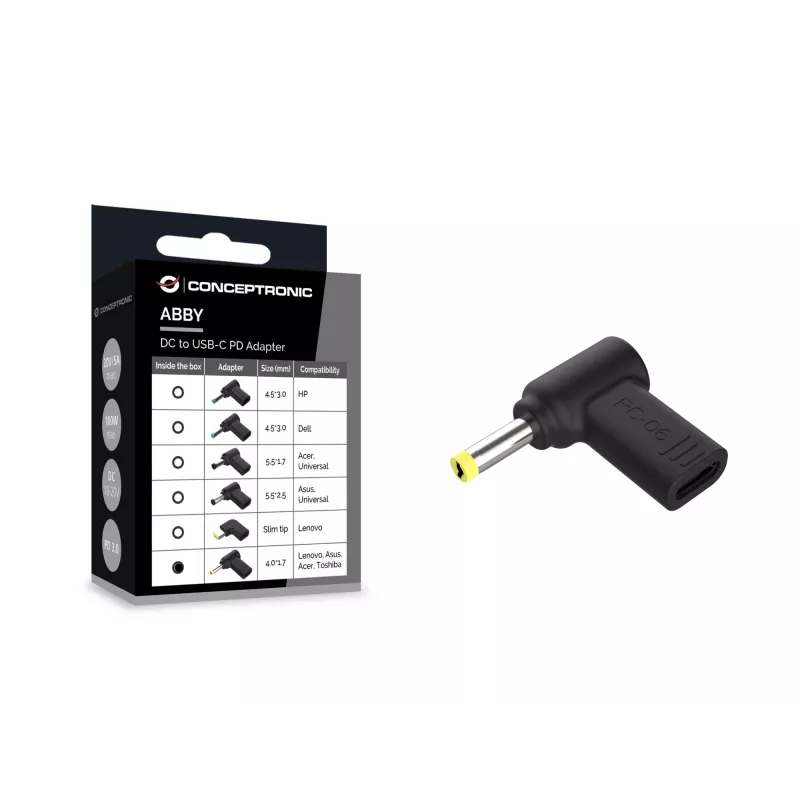 Conceptronic ABBY15PC06 adattatore DC-USB-C, Lenovo/Asus/Acer/Toshiba 4,0x1,7 mm, 18-20 V