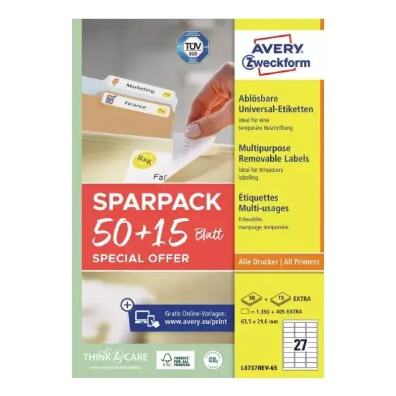 Etichetta per stampante adesiva AVERY L4737REV-65 bianca 6,35 x 2,96 cm