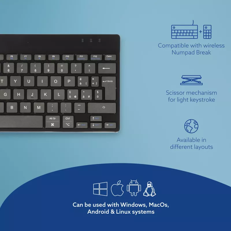 R-Go Tools tastiera ergonomica R-Go Compact Break, tastiera compatta con software per pause, QWERTY (IT), Bluetooth, nero
