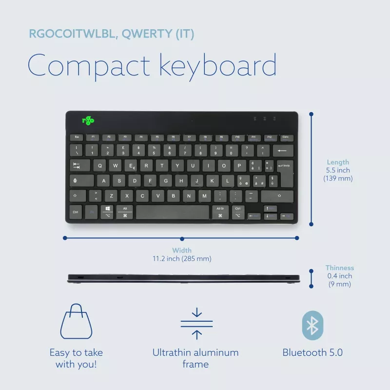 R-Go Tools tastiera ergonomica R-Go Compact Break, tastiera compatta con software per pause, QWERTY (IT), Bluetooth, nero