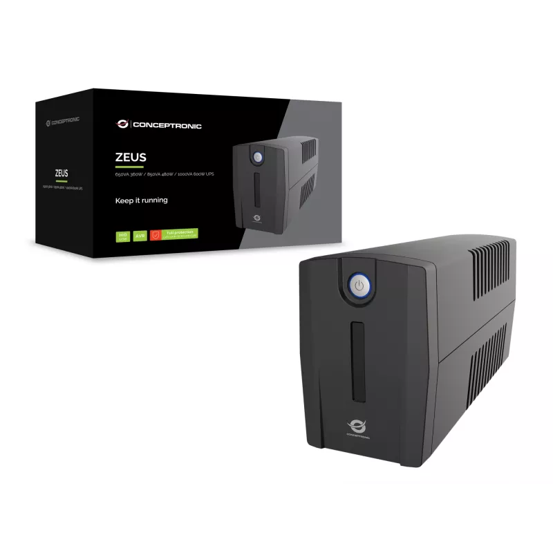 Conceptronic ZEUS01G 650VA 360W UPS, presa UK x 2, HID USB, RJ45 In/Out, AVR