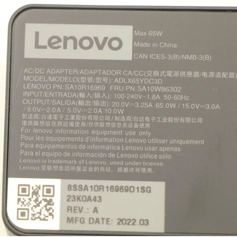 Lenovo 5A10W86202 alimentatore per interni 65 W nero
