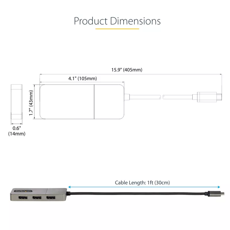 StarTech.com adattatore multi-monitor USB-C a 3 porte, hub MST da USB Type-C a 3x DisplayPort 1.4, extender/splitter per display laptop triple 4K 60Hz, HDR, cavo integrato extra-long - solo Windows