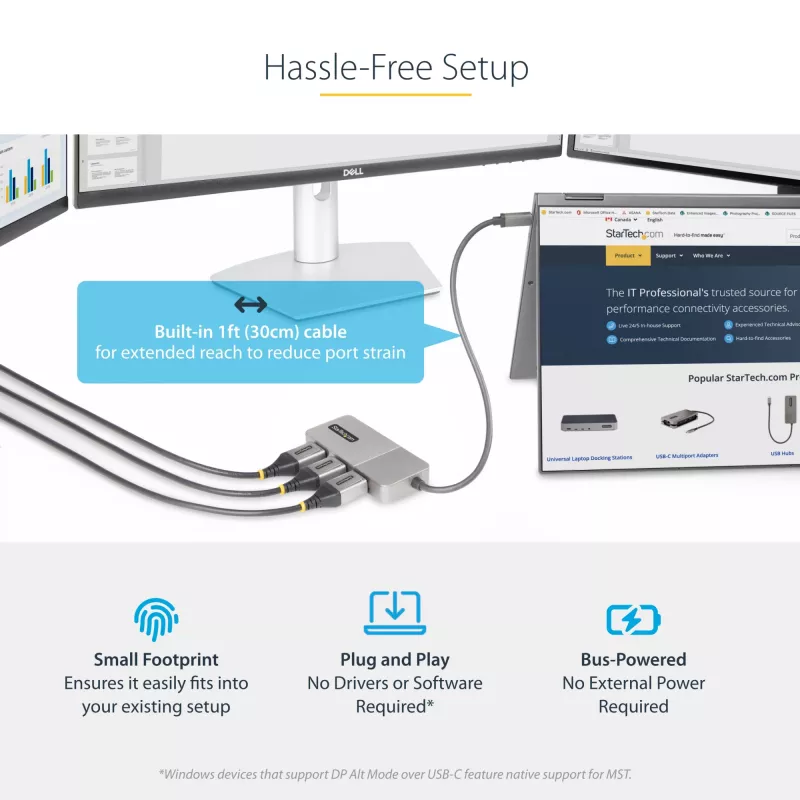 StarTech.com adattatore multi-monitor USB-C a 3 porte, hub MST da USB Type-C a 3x DisplayPort 1.4, extender/splitter per display laptop triple 4K 60Hz, HDR, cavo integrato extra-long - solo Windows