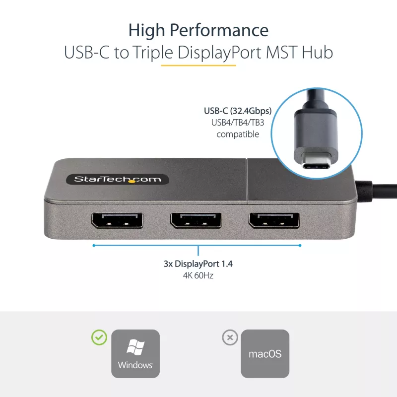StarTech.com adattatore multi-monitor USB-C a 3 porte, hub MST da USB Type-C a 3x DisplayPort 1.4, extender/splitter per display laptop triple 4K 60Hz, HDR, cavo integrato extra-long - solo Windows