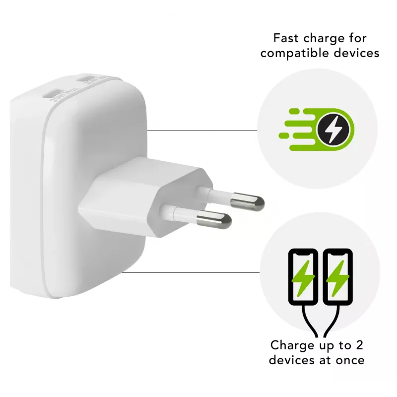 Caricabatterie da parete d bramante re-charge Pro EU piatto 2×USB-C 20W bianco (per interni)
