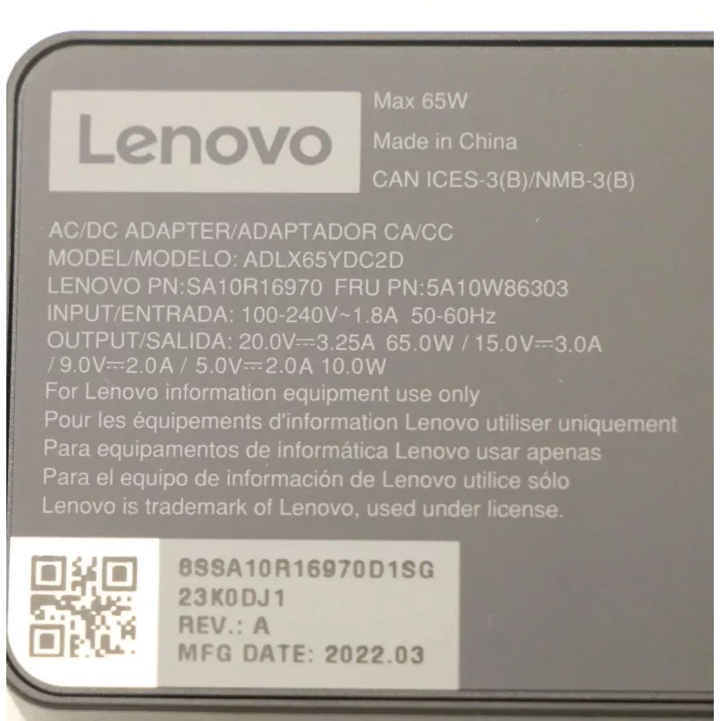 Alimentatore CA 65W USB Type-C Lenovo 5A10W86303, alimentatore USB-C PD 65 W