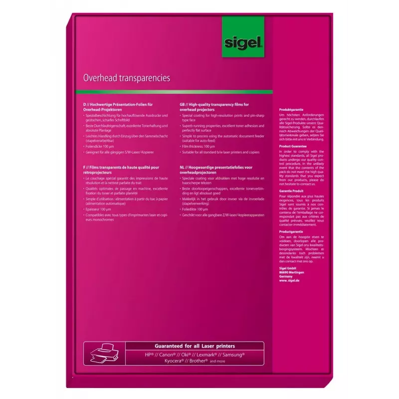 Pellicola per stampante laser Sigel LF419 A4 210×297 mm trasparente 100 fogli