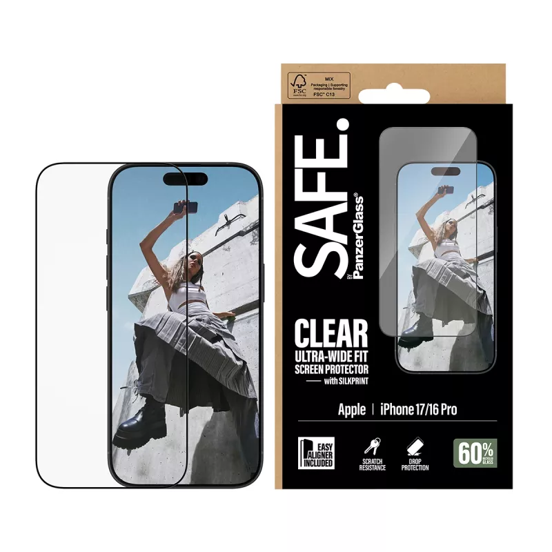 PanzerGlass SAFE. by ® protezione display con cornice nera iPhone 17 | 16 Pro | Ultra-Wide Fit con EasyAligner