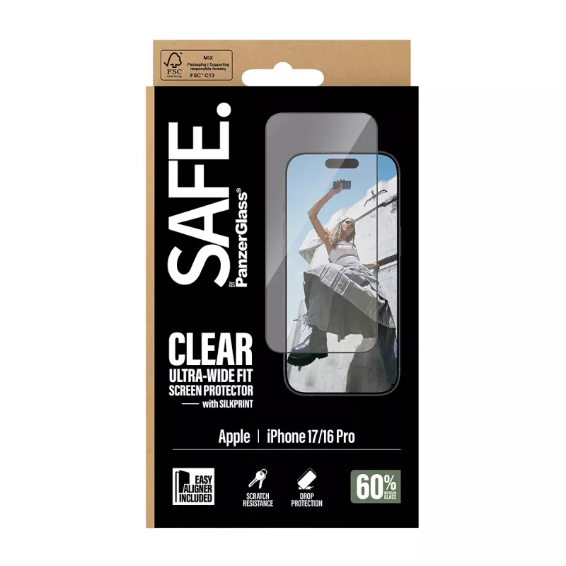PanzerGlass SAFE. by ® protezione display con cornice nera iPhone 17 | 16 Pro | Ultra-Wide Fit con EasyAligner