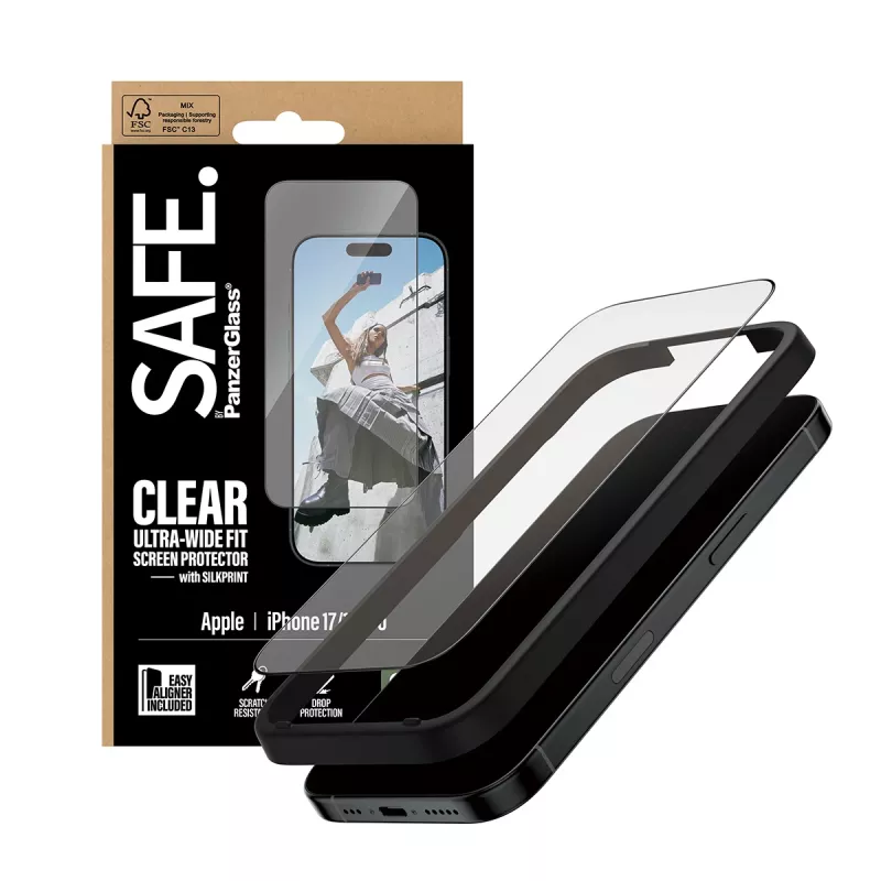PanzerGlass SAFE. by ® protezione display con cornice nera iPhone 17 | 16 Pro | Ultra-Wide Fit con EasyAligner