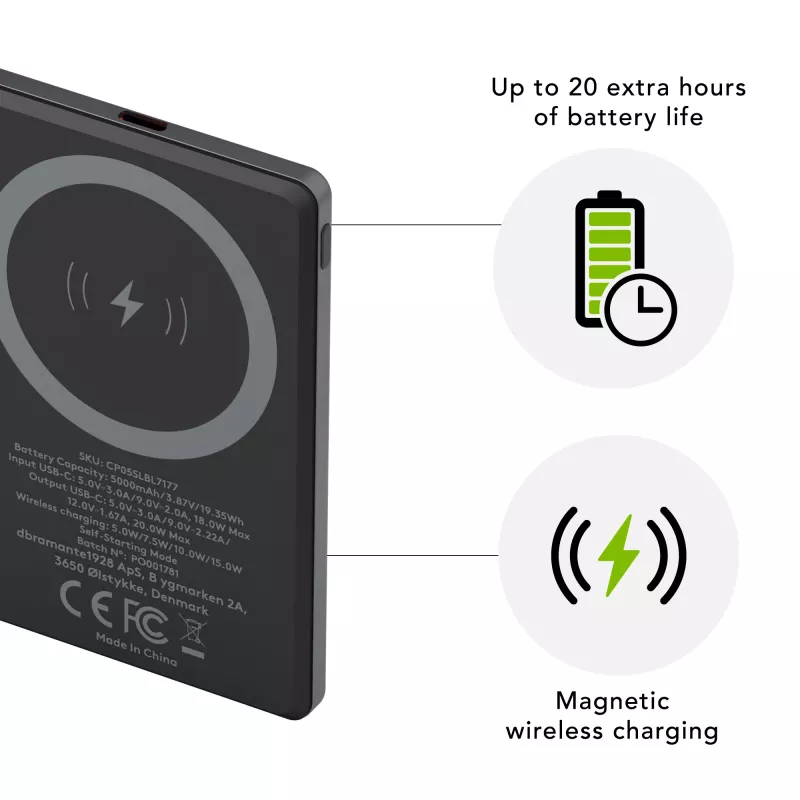 dbramante1928 re-charge - powerbank 5K Wireless - grigio, 5000 mAh, ricarica wireless, 3,87 V, grigio