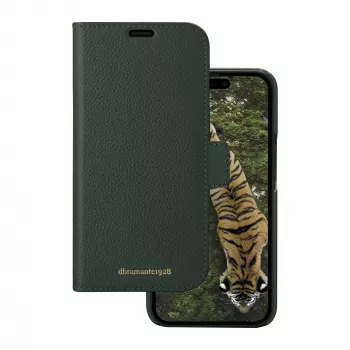 Custodia folio dbramante1928 New York per iPhone 15 Pro, tinta unita verde, 3 scomparti per carte