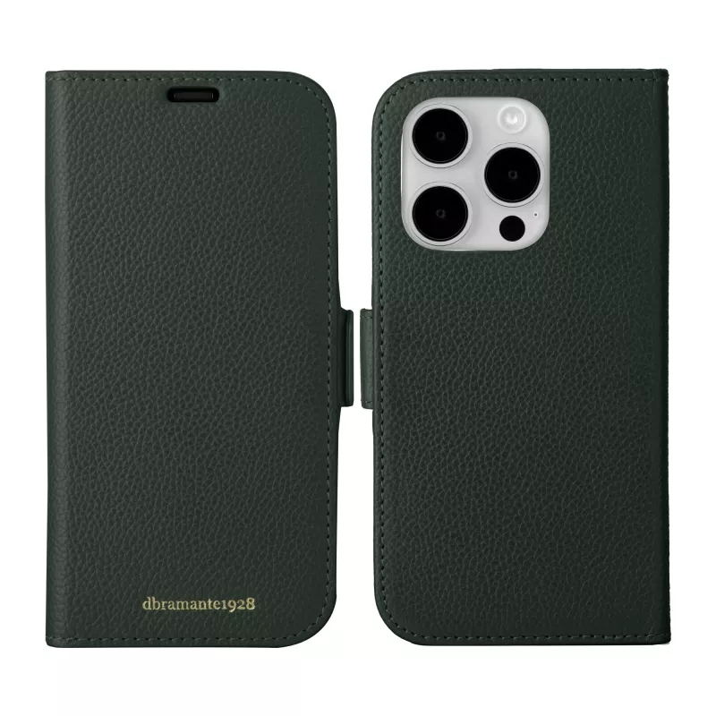 Custodia folio dbramante1928 New York per iPhone 15 Pro, tinta unita verde, 3 scomparti per carte