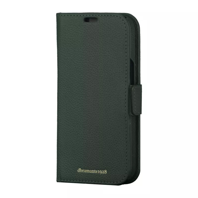 Custodia folio dbramante1928 New York per iPhone 15 Pro, tinta unita verde, 3 scomparti per carte