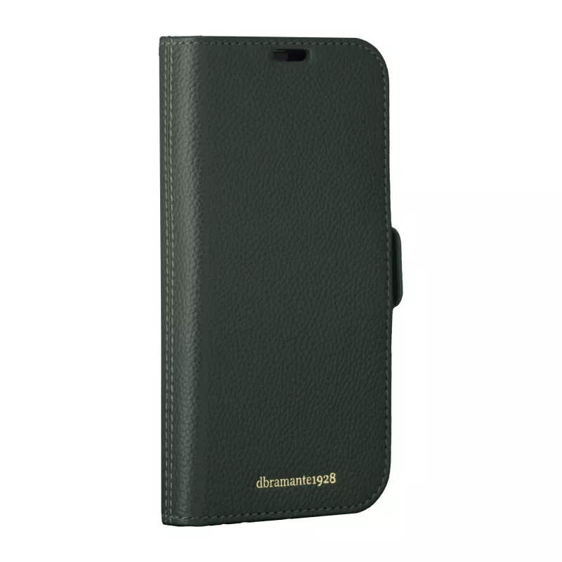 Custodia folio dbramante1928 New York per iPhone 15 Pro, tinta unita verde, 3 scomparti per carte