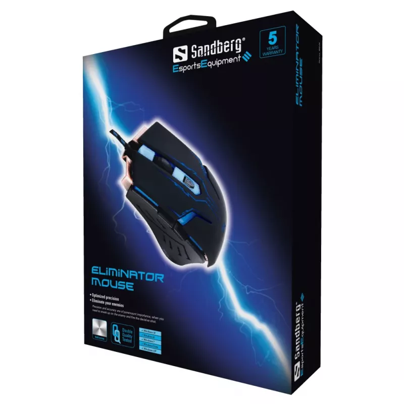 Mouse Sandberg Eliminator, per destrimani, USB Type-A, 2400 DPI, Nero
