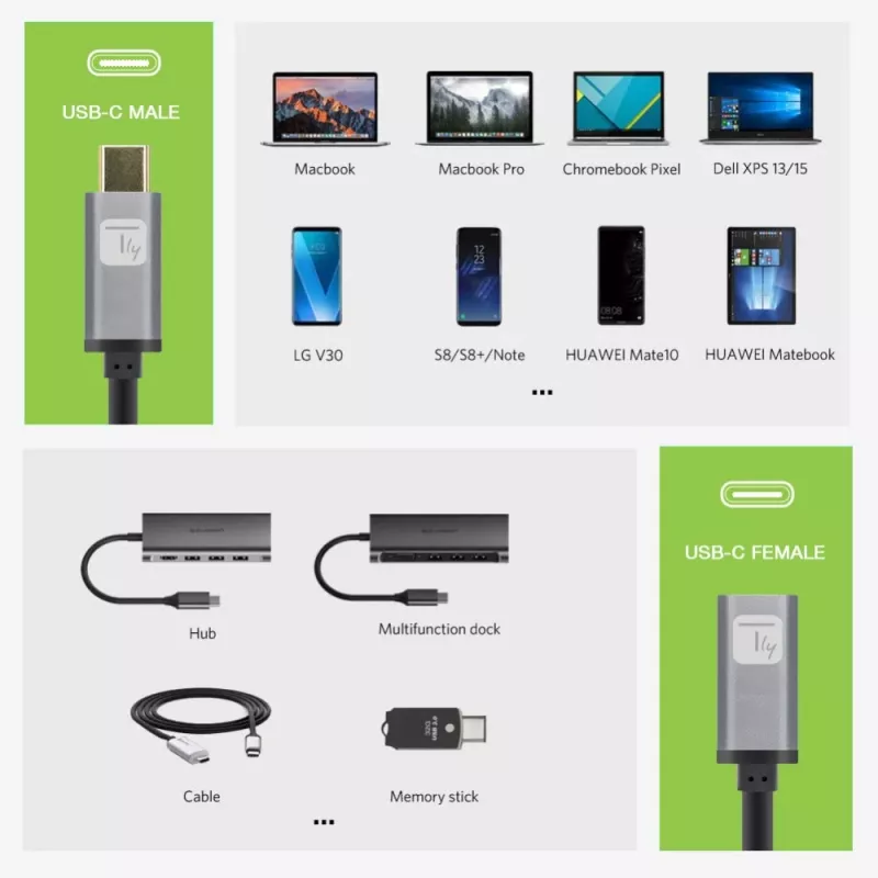 Cavo Techly USB 3.2 Gen 2 USB-C M/F 1m nero, 1 m, USB C, USB C, USB 3.2 Gen 2 (3.1 Gen 2), 10 Gbit/s, nero, grigio