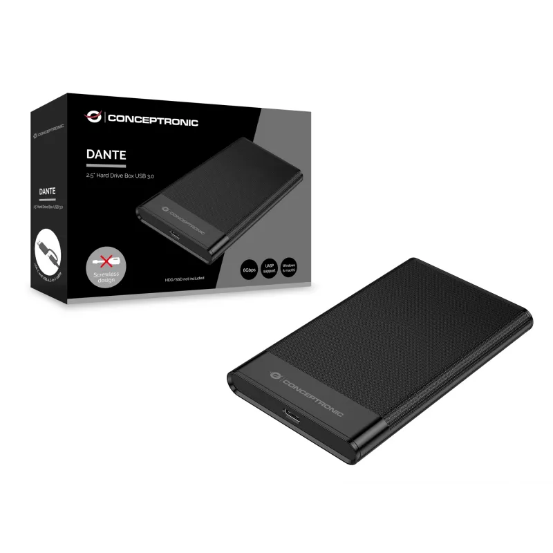 Case per HDD Conceptronic DANTE06B 2,5 pollici USB 3.0, case HDD/SSD, 2,5 pollici, Serial ATA III, 6 Gbit/s, porta USB, nero
