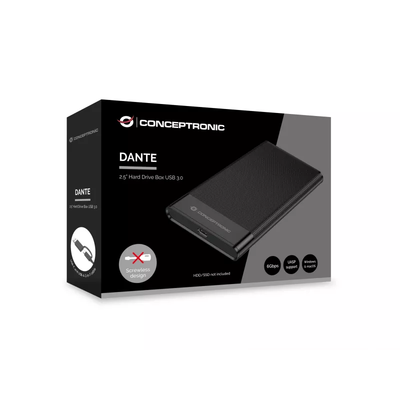 Case per HDD Conceptronic DANTE06B 2,5 pollici USB 3.0, case HDD/SSD, 2,5 pollici, Serial ATA III, 6 Gbit/s, porta USB, nero