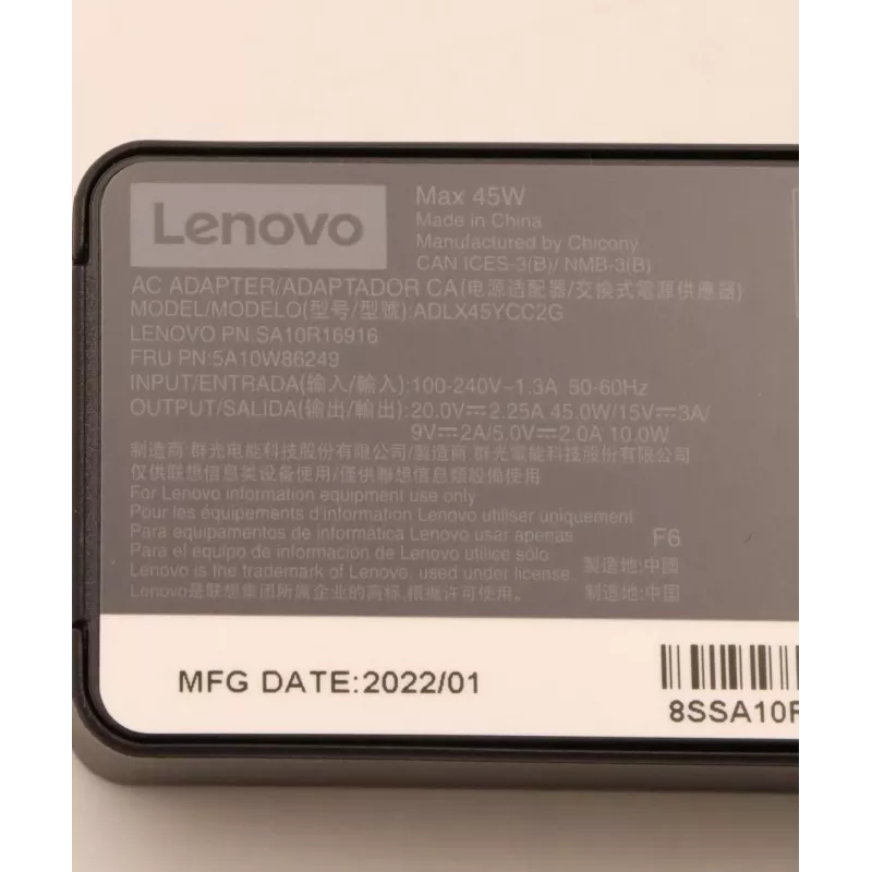 Alimentatore CA Lenovo 45 W USB-C 5A10W86249 – alimentatore USB-C da 45 W per laptop e dispositivi