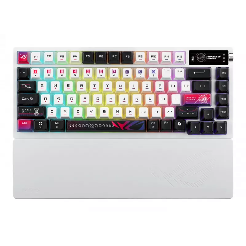 Tastiera meccanica da gaming ASUS ROG Azoth X — layout 75%, USB + RF Wireless + Bluetooth, RGB, poggiapolsi, nero/bianco