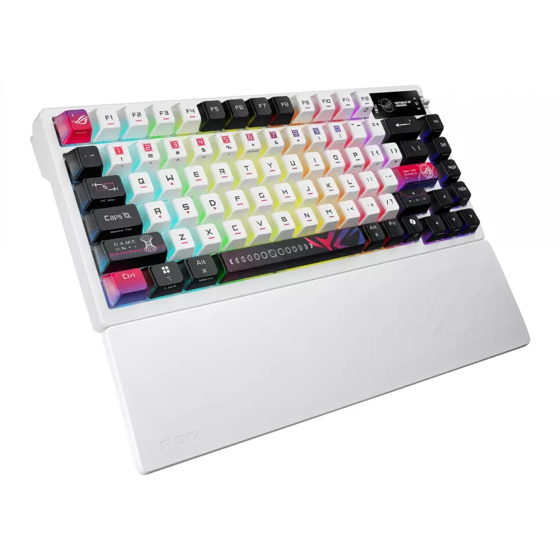 Tastiera meccanica da gaming ASUS ROG Azoth X — layout 75%, USB + RF Wireless + Bluetooth, RGB, poggiapolsi, nero/bianco