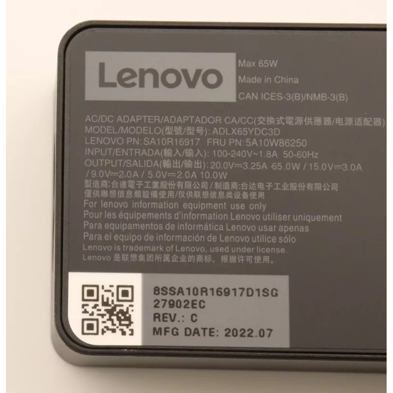 Lenovo 5A10W86250 Alimentatore per interni 65 W nero