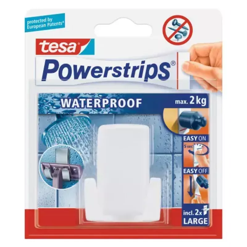 Supporto rasoio Tesa Powerstrips Waterproof Wave, supporto da bagno autoadesivo, design impermeabile, bianco