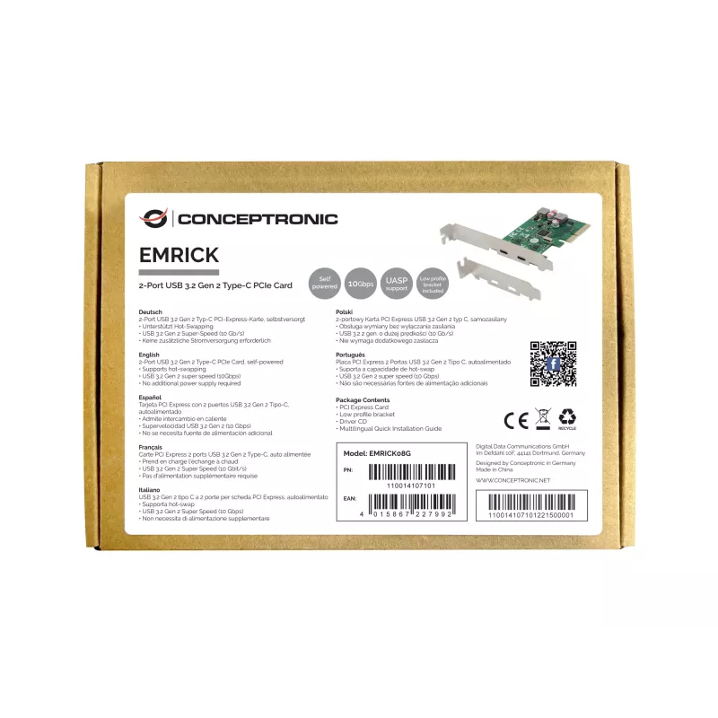 Conceptronic EMRICK scheda PCIe 2 porte USB 3.2 Gen 2 Type-C, alimentazione propria