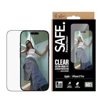 Pellicola protettiva per schermo PanzerGlass SAFE. by per iPhone 17 Pro — pellicola PET ultra-wide con cornice nera, applicazione a secco, antigraffio e antiurto