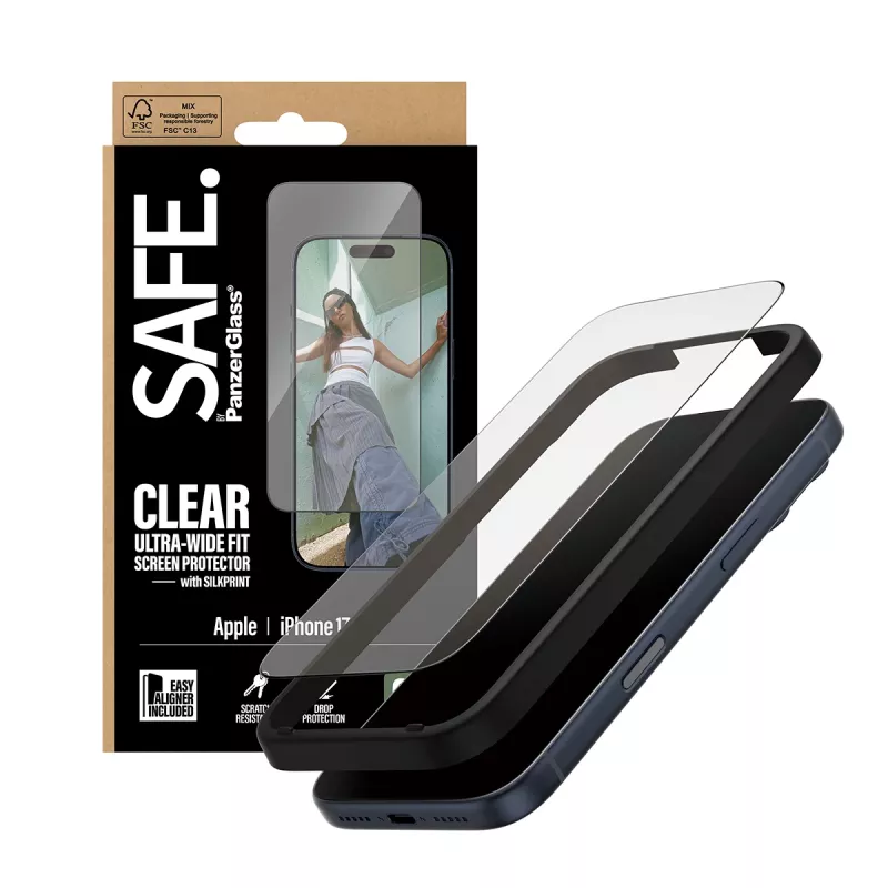 Pellicola protettiva per schermo PanzerGlass SAFE. by per iPhone 17 Pro — pellicola PET ultra-wide con cornice nera, applicazione a secco, antigraffio e antiurto