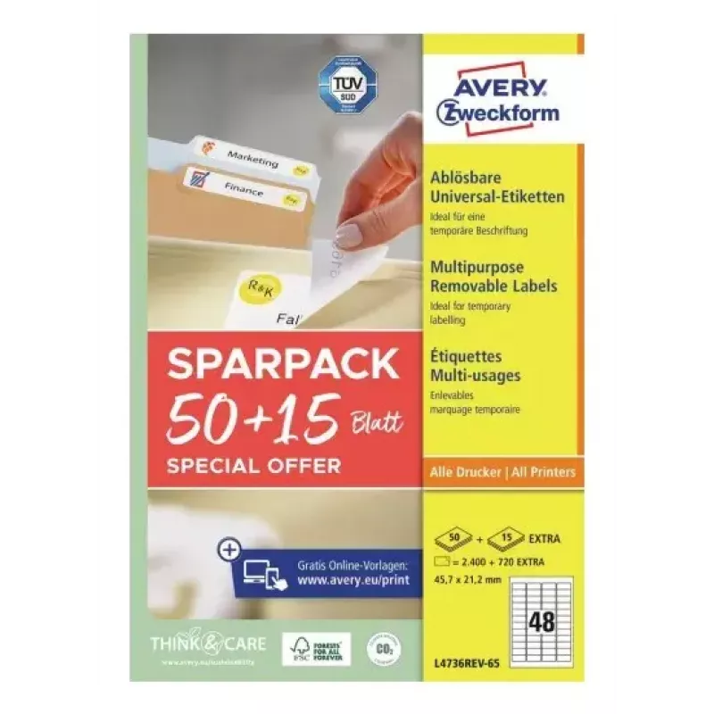 Etichetta adesiva per stampante AVERY L4736REV-65 bianco 4,57x2,12 cm