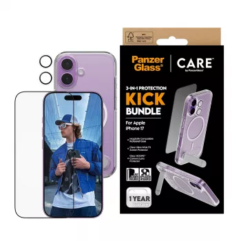 Custodia protettiva PanzerGlass CARE Feature Kick 3w1 per iPhone 17 con vetro per schermo integrato e protezione per lenti della fotocamera