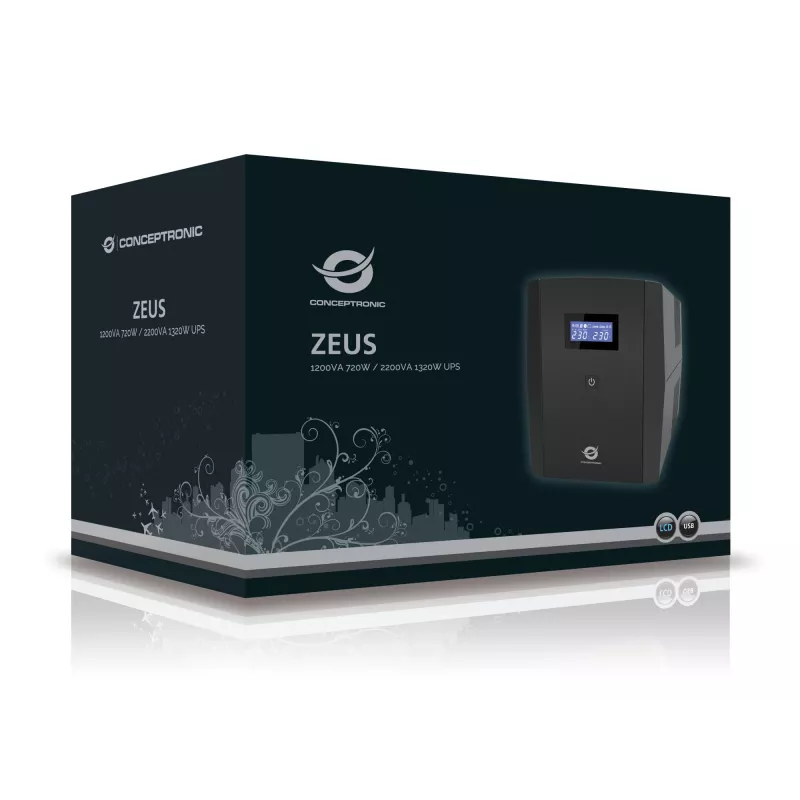 Conceptronic ZEUS 2200VA 1320W UPS, presa IEC + Schuko, line-interactive, 2,2 kVA, 1320 W, 220 V, 240 V, 220 V