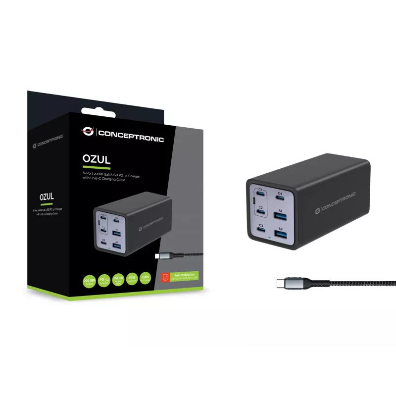 Conceptronic caricabatterie GaN USB PD 6 porte 200W con cavo di ricarica USB-C, USB-C x 4, USB-A x 2, QC 3.0, PD 3.1, PPS