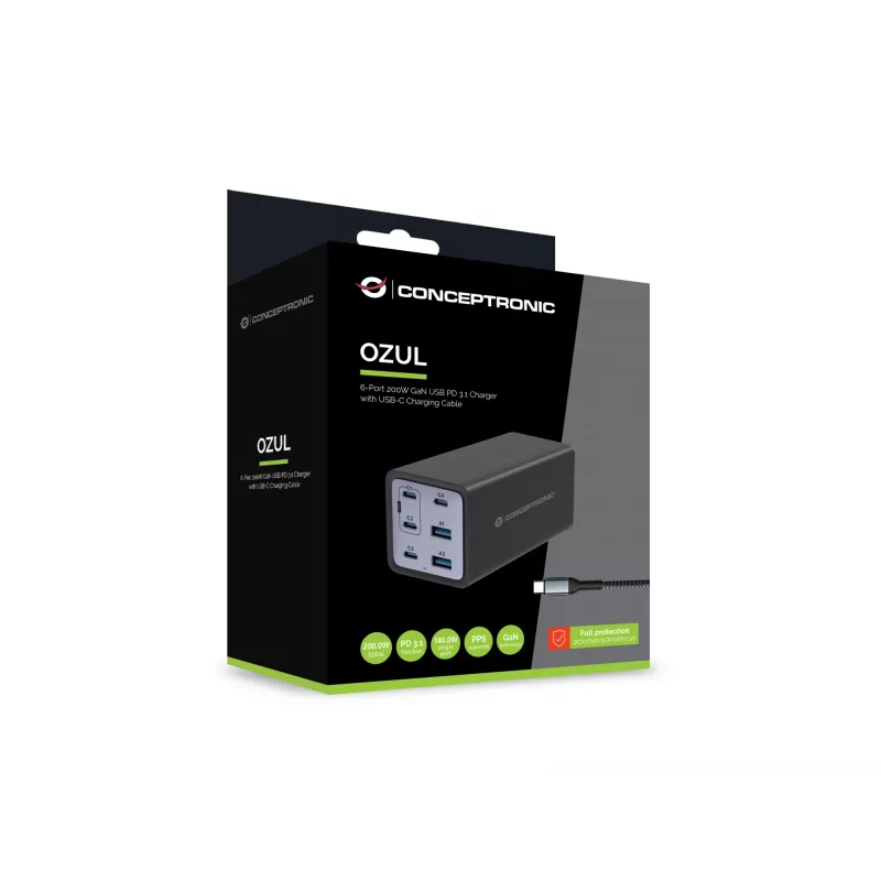 Conceptronic caricabatterie GaN USB PD 6 porte 200W con cavo di ricarica USB-C, USB-C x 4, USB-A x 2, QC 3.0, PD 3.1, PPS