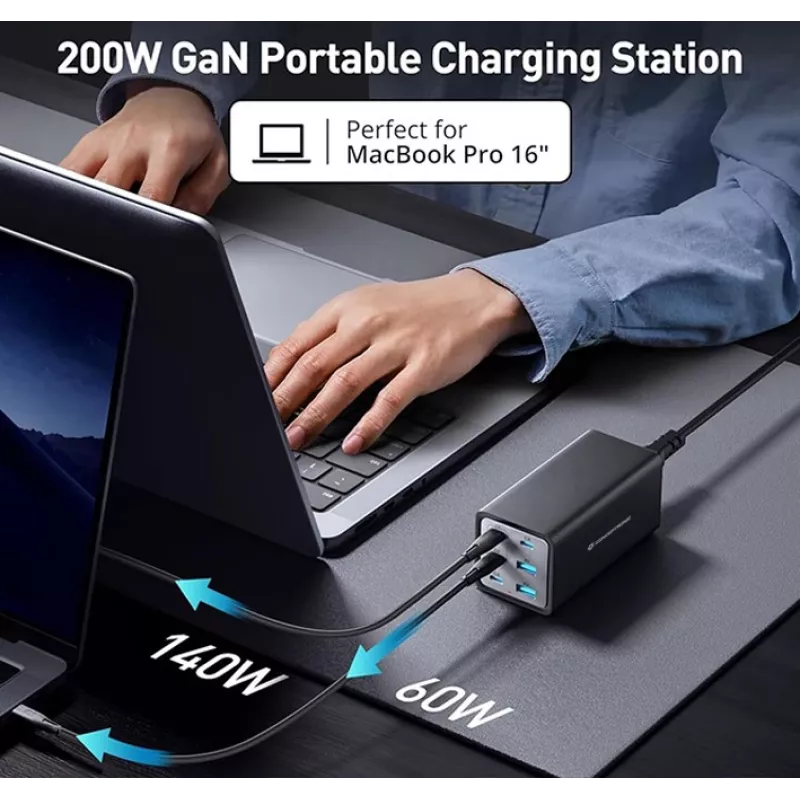 Conceptronic caricabatterie GaN USB PD 6 porte 200W con cavo di ricarica USB-C, USB-C x 4, USB-A x 2, QC 3.0, PD 3.1, PPS