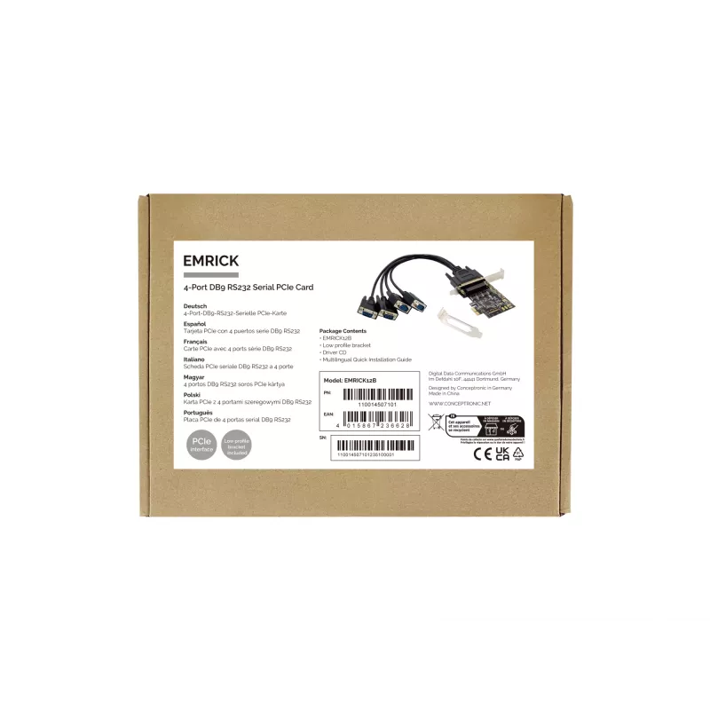 Conceptronic scheda PCIe seriale 4 porte DB9 RS232, PCIe, RS-232, PCIe 2.0, RS-232, nero, Cina
