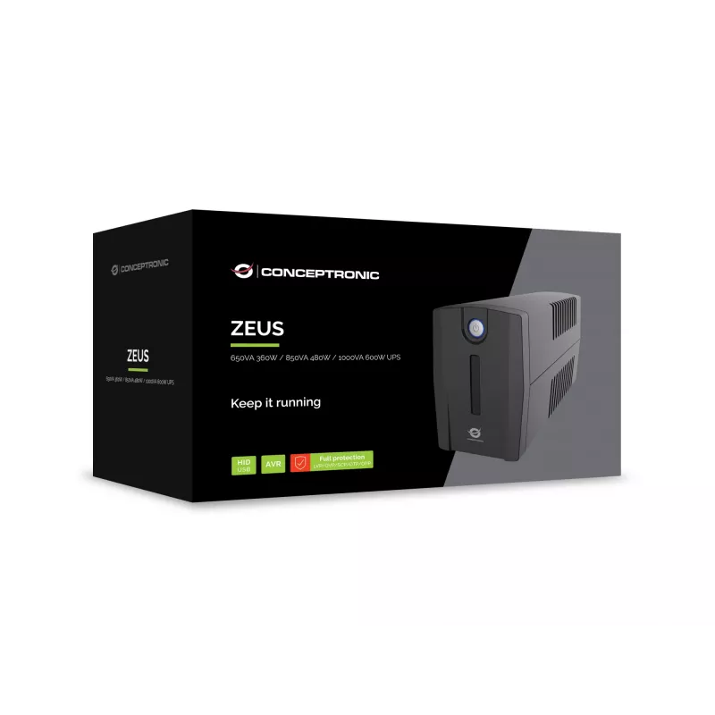 Conceptronic ZEUS02G 850VA 480W UPS, 2 prese UK, HID-USB, RJ45 ingresso/uscita, AVR