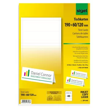 Segnaposto Sigel DP049, 190 x 60 mm, 185 g/m², bianco brillante, 40 pz. (20 fogli x 2)
