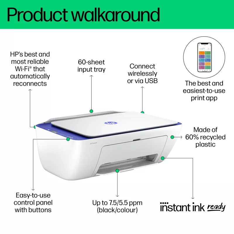 Stampante a colori HP DeskJet 2821e Wireless All-in-One, Instant Ink; copiatrice, scanner